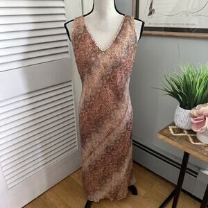 Vintage TRACY M Dress Womens 10 Silk Orange Snakeskin Midi Y2K Fairy Glam Grunge
